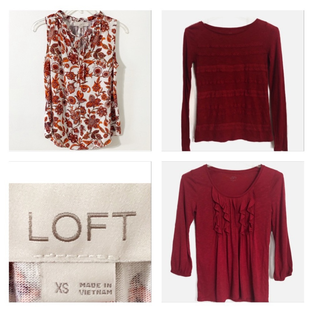 Ann Taylor LOFT Bundle of Three Extra Small Tops Red Details Ruffles Lace Floral